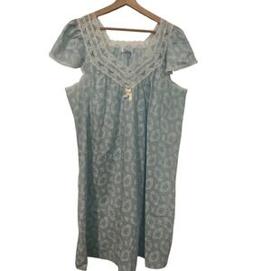 Damea Nightgown Women Blue Excellent Vintage Lace Floral Bow Print Sleepwear